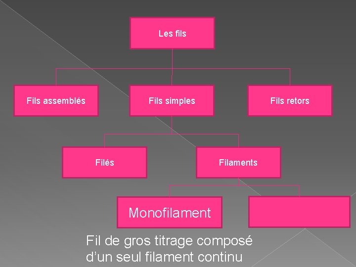 Les fils Fils assemblés Fils simples Filés Fils retors Filaments Monofilament Fil de gros