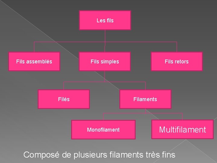 Les fils Fils assemblés Fils simples Filés Fils retors Filaments Monofilament Multifilament Composé de