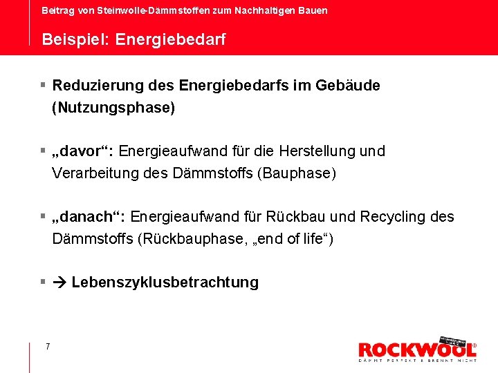 Beitrag von Steinwolle-Dämmstoffen zum Nachhaltigen Bauen Beispiel: Energiebedarf § Reduzierung des Energiebedarfs im Gebäude