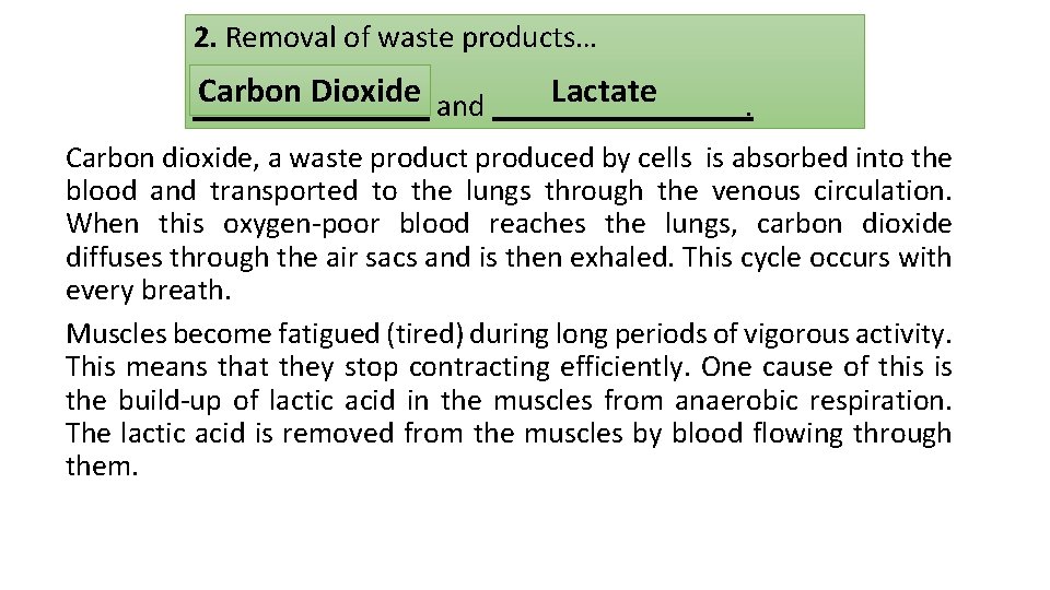 2. Removal of waste products… Carbon Dioxide and Lactate . Carbon dioxide, a waste
