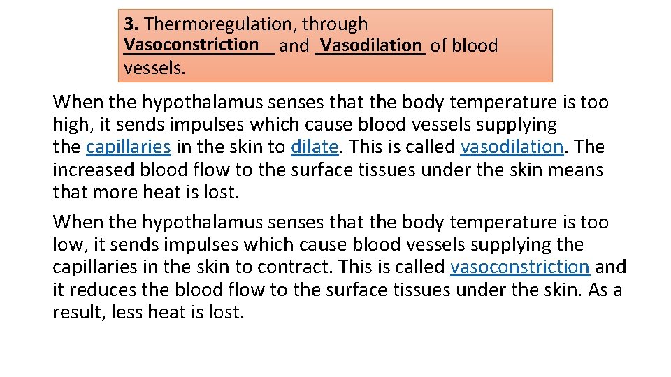 3. Thermoregulation, through Vasoconstriction and Vasodilation of blood vessels. When the hypothalamus senses that