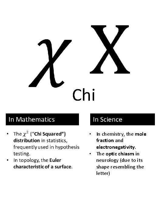 Chi In Mathematics In Science • In chemistry, the mole fraction and electronegativity. •