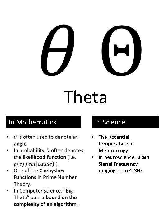 Theta In Mathematics In Science • The potential temperature in Meteorology. • In neuroscience,
