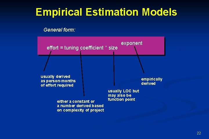 Empirical Estimation Models General form: effort = tuning coefficient * size exponent usually derived