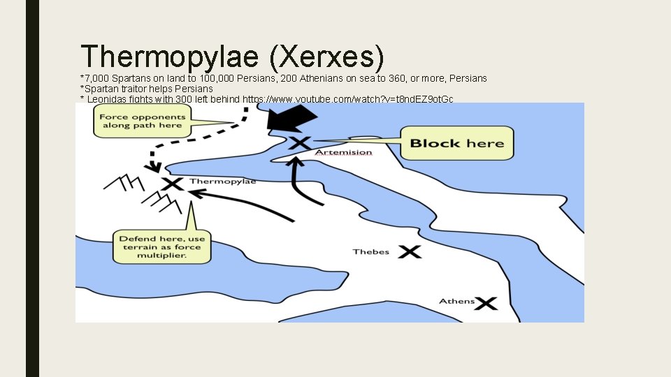 Thermopylae (Xerxes) *7, 000 Spartans on land to 100, 000 Persians, 200 Athenians on