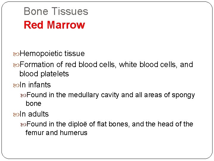 Bone Tissues Red Marrow Hemopoietic tissue Formation of red blood cells, white blood cells,