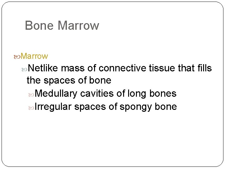 Bone Marrow Netlike mass of connective tissue that fills the spaces of bone Medullary