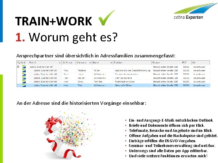 TRAIN+WORK 1. Worum geht es? Ansprechpartner sind übersichtlich in Adressfamilien zusammengefasst: An der Adresse