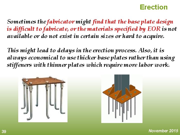 Erection Sometimes the fabricator might find that the base plate design is difficult to