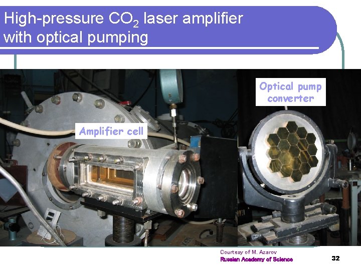High-pressure CO 2 laser amplifier with optical pumping Optical pump converter Amplifier cell Courtesy