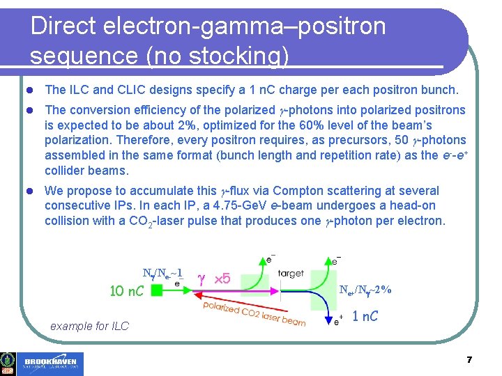 Direct electron-gamma–positron sequence (no stocking) l The ILC and CLIC designs specify a 1