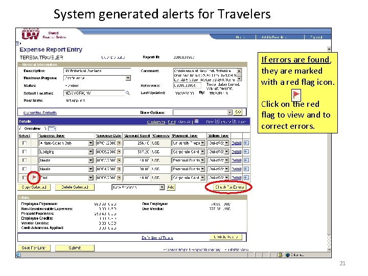 System generated alerts for Travelers If errors are found, they are marked with a