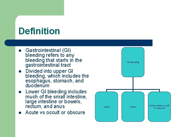 Definition l l Gastrointestinal (GI) bleeding refers to any bleeding that starts in the