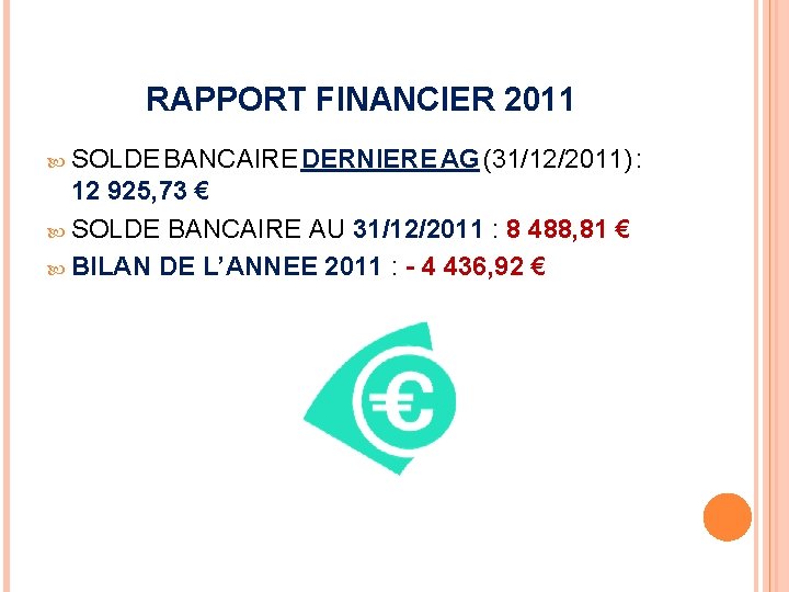 RAPPORT FINANCIER 2011 SOLDE BANCAIRE DERNIERE AG (31/12/2011) : 12 925, 73 € SOLDE