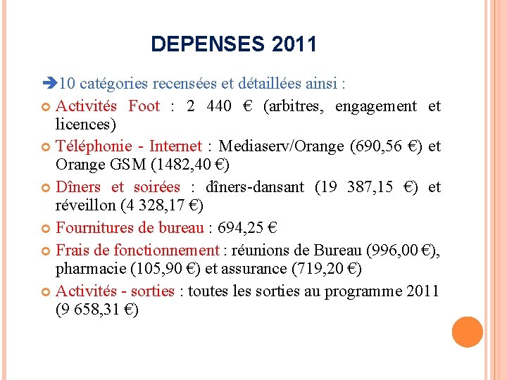 DEPENSES 2011 10 catégories recensées et détaillées ainsi : Activités Foot : 2 440