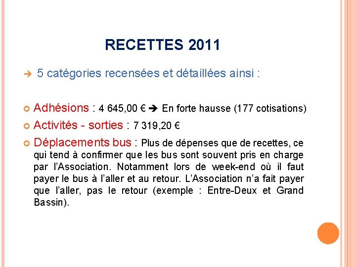 RECETTES 2011 5 catégories recensées et détaillées ainsi : Adhésions : 4 645, 00