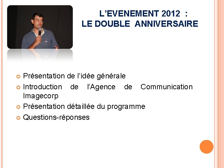 L’EVENEMENT 2012 : LE DOUBLE ANNIVERSAIRE Présentation de l’idée générale Introduction de l’Agence de