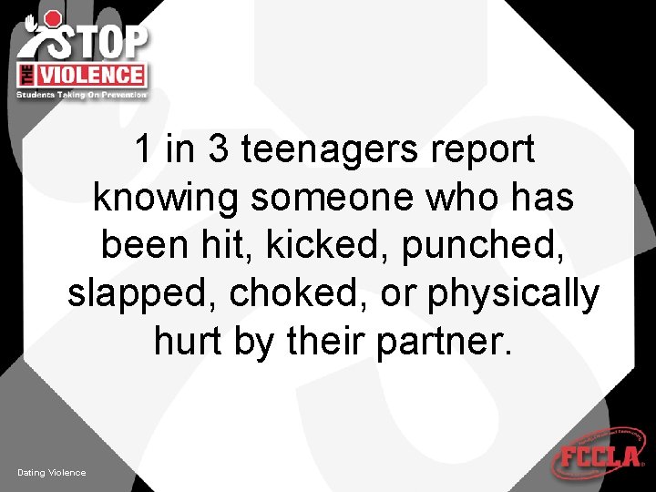1 in 3 teenagers report knowing someone who has been hit, kicked, punched, slapped,