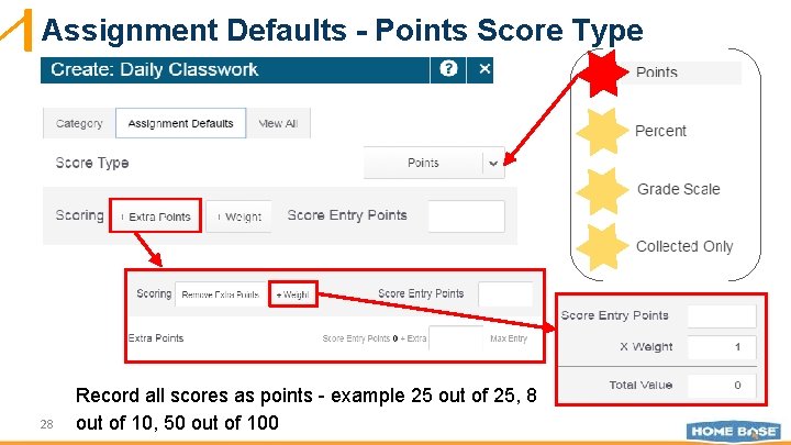 Assignment Defaults - Points Score Type 28 Record all scores as points - example