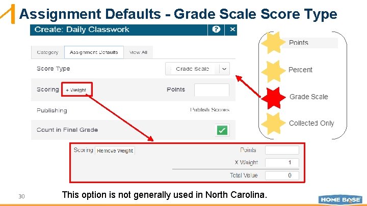 Assignment Defaults - Grade Scale Score Type 30 This option is not generally used