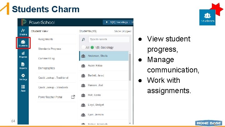 Students Charm ● View student progress, ● Manage communication, ● Work with assignments. 64
