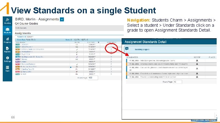 View Standards on a single Student Navigation: Students Charm > Assignments > Select a