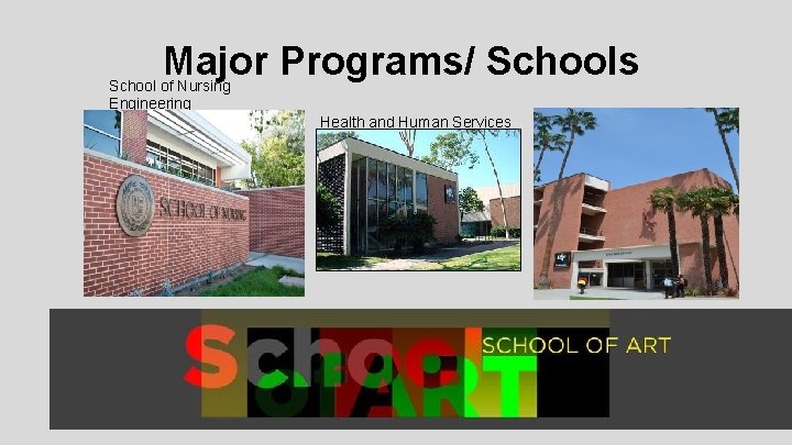 Major Programs/ Schools School of Nursing Engineering Health and Human Services 