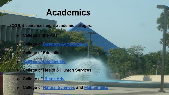 Academics CSULB comprises eight academic colleges: ● College of the Arts ● College of