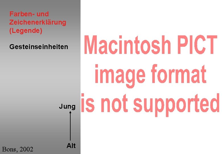 Farben- und Zeichenerklärung (Legende) Gesteinseinheiten Jung Bons, 2002 Alt 