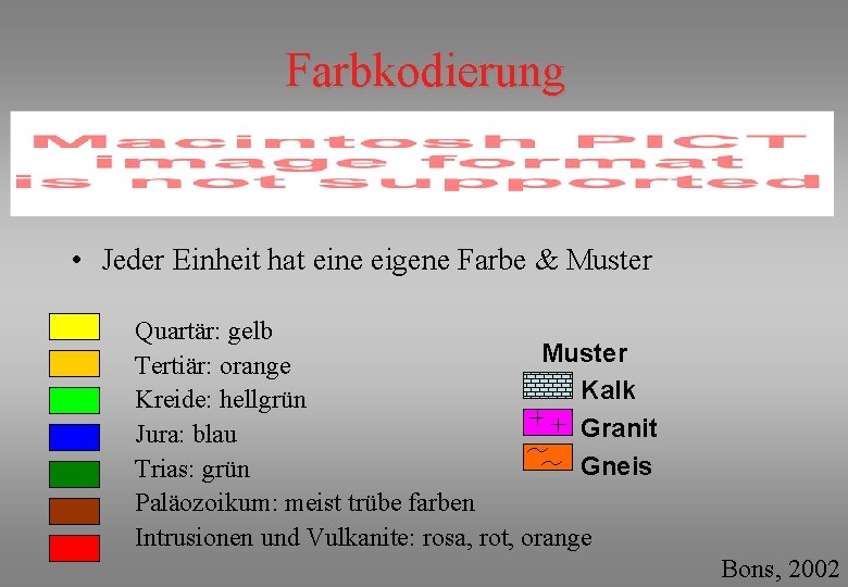 Farbkodierung • Jeder Einheit hat eine eigene Farbe & Muster Quartär: gelb Muster Tertiär: