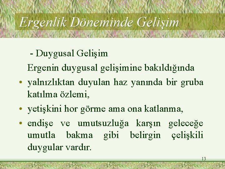 Ergenlik Döneminde Gelişim - Duygusal Gelişim Ergenin duygusal gelişimine bakıldığında • yalnızlıktan duyulan haz