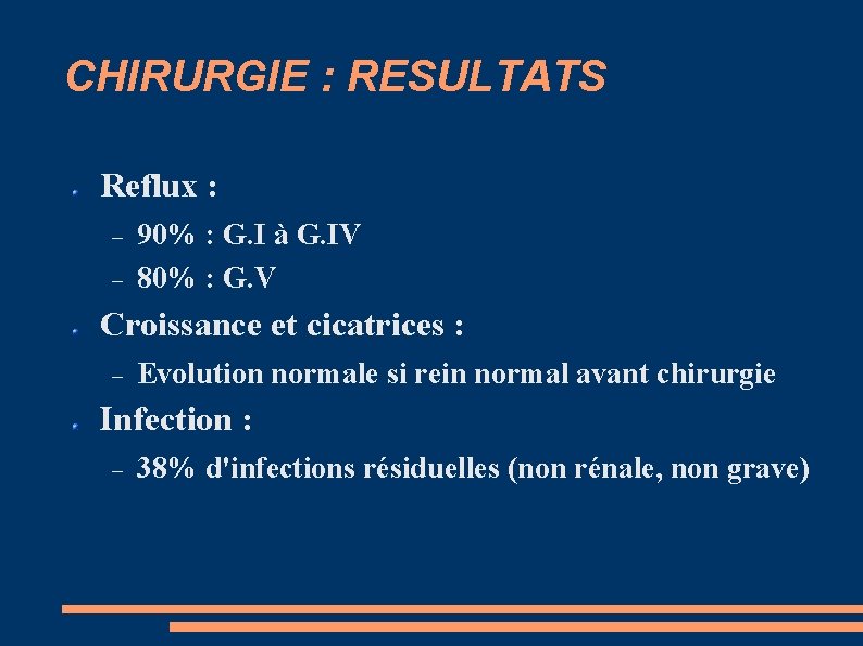 CHIRURGIE : RESULTATS Reflux : 90% : G. I à G. IV 80% :