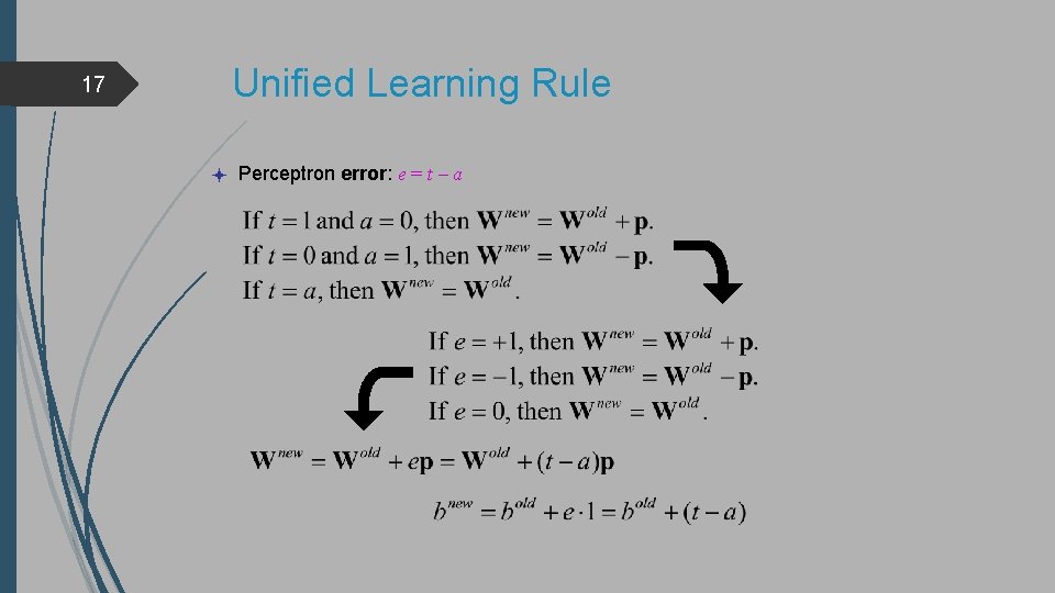 17 Unified Learning Rule Perceptron error: e = t – a 