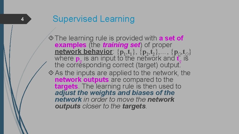 4 Supervised Learning The learning rule is provided with a set of examples (the
