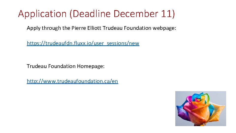 Application (Deadline December 11) Apply through the Pierre Elliott Trudeau Foundation webpage: https: //trudeaufdn.