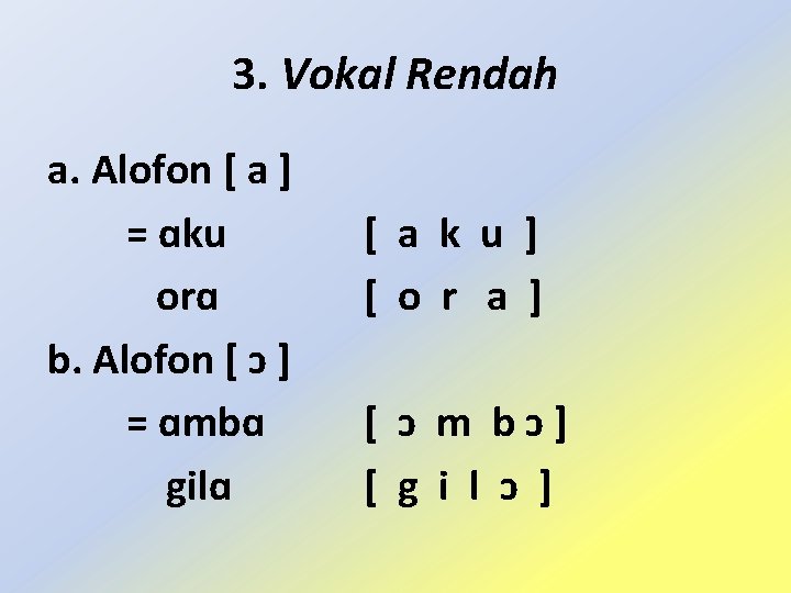 3. Vokal Rendah a. Alofon [ a ] = ɑku orɑ b. Alofon [