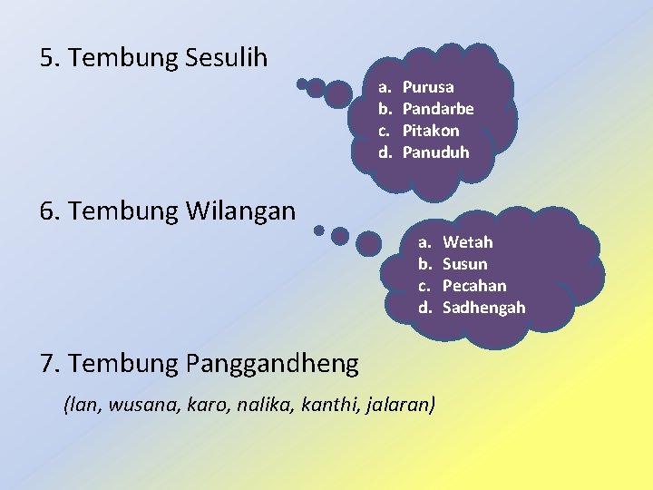 5. Tembung Sesulih a. b. c. d. Purusa Pandarbe Pitakon Panuduh 6. Tembung Wilangan