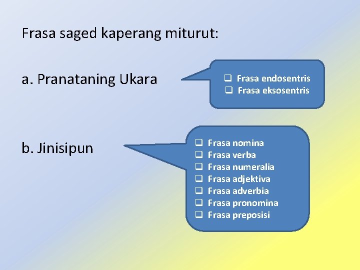 Frasa saged kaperang miturut: a. Pranataning Ukara b. Jinisipun q Frasa endosentris q Frasa