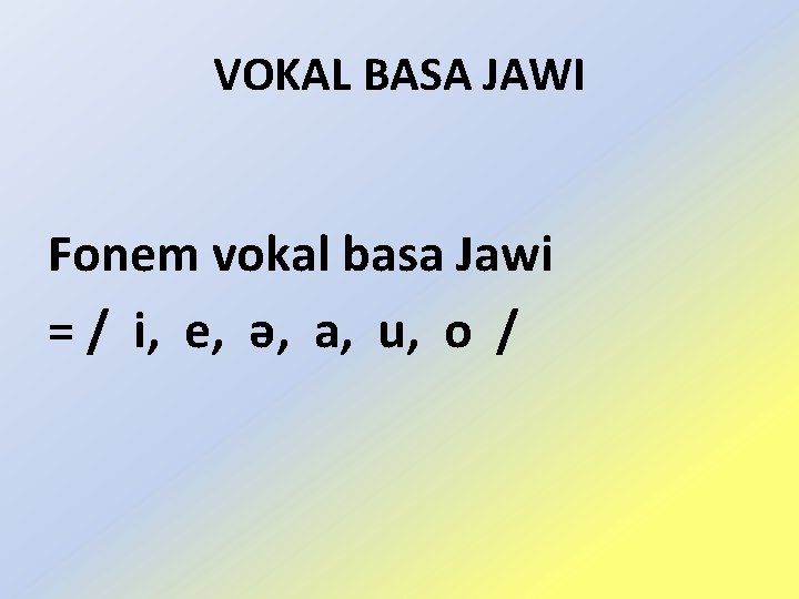 VOKAL BASA JAWI Fonem vokal basa Jawi = / i, e, ǝ, a, u,