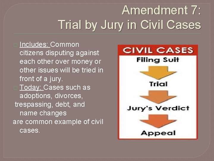 Amendment 7: Trial by Jury in Civil Cases Includes: Common citizens disputing against each