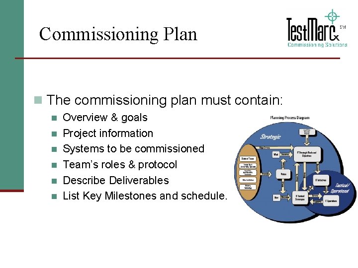 Commissioning Plan n The commissioning plan must contain: n n n Overview & goals