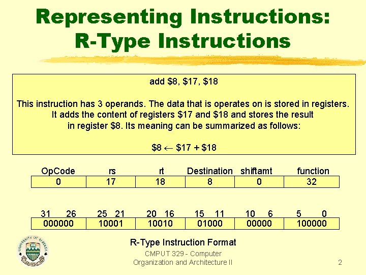 Representing Instructions: R-Type Instructions add $8, $17, $18 This instruction has 3 operands. The