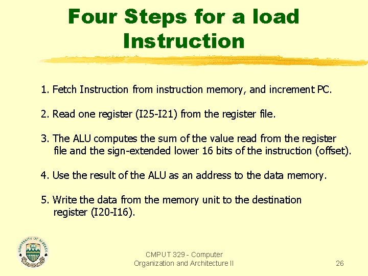 Four Steps for a load Instruction 1. Fetch Instruction from instruction memory, and increment