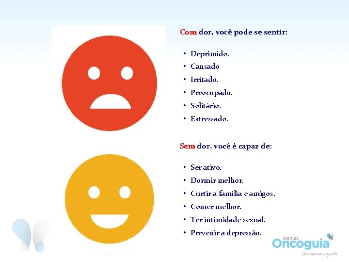 Com dor, você pode se sentir: • Deprimido. • Cansado • Irritado. • Preocupado.