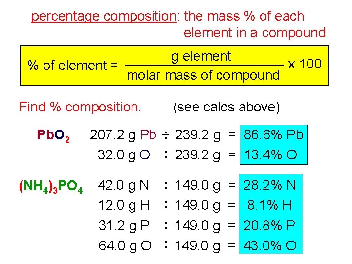 percentage composition: the mass % of each element in a compound g element x