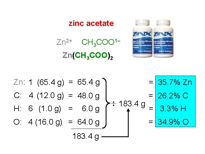 zinc acetate Zn 2+ CH 3 COO 1– Zn(CH 3 COO)2 Zn: 1 (65.