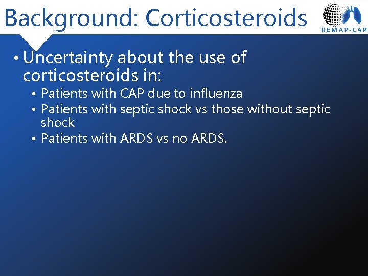 Background: Corticosteroids • Uncertainty about the use of corticosteroids in: • Patients with CAP