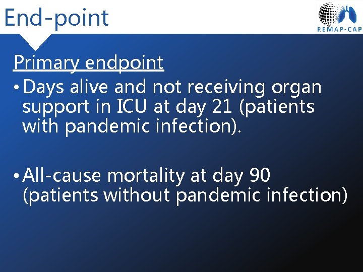 End-point Primary endpoint • Days alive and not receiving organ support in ICU at