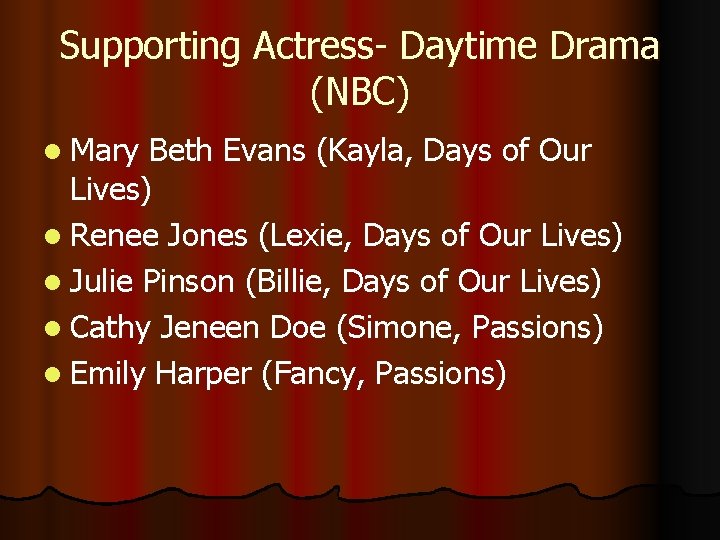 Supporting Actress- Daytime Drama (NBC) l Mary Beth Evans (Kayla, Days of Our Lives)