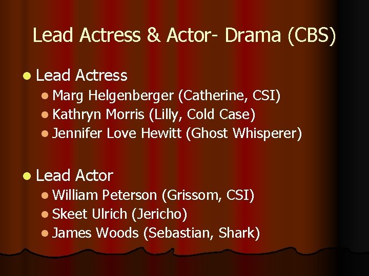 Lead Actress & Actor- Drama (CBS) l Lead Actress l Marg Helgenberger (Catherine, CSI)